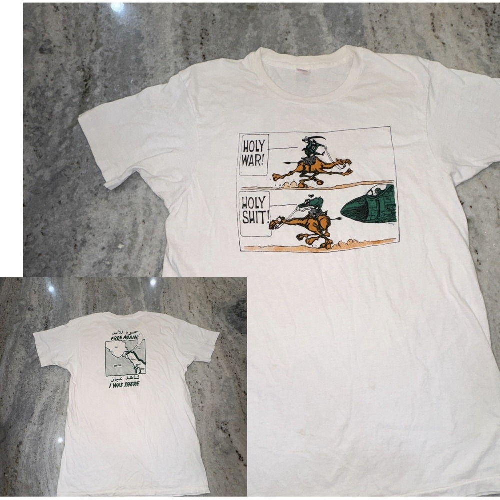 VTG L Single Stitch T Shirt Kuwait Free Funny Holy War Double Sided Gulf War 90s